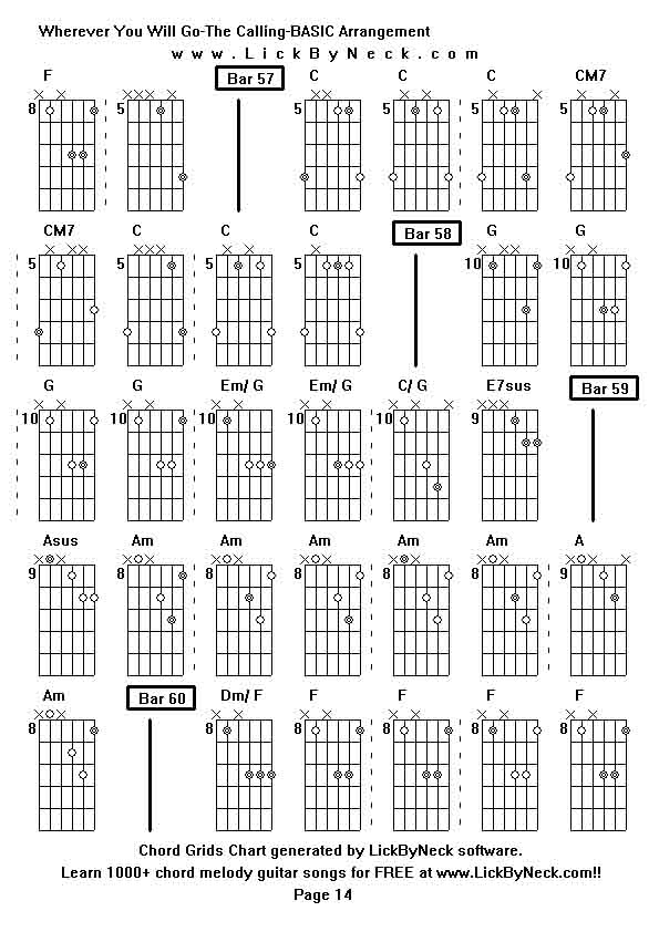 Chord Grids Chart of chord melody fingerstyle guitar song-Wherever You Will Go-The Calling-BASIC Arrangement,generated by LickByNeck software.